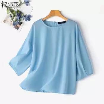 ZANZEA Женская повседневная однотонная блузка с круглым вырезом и половиной рукавов S серый