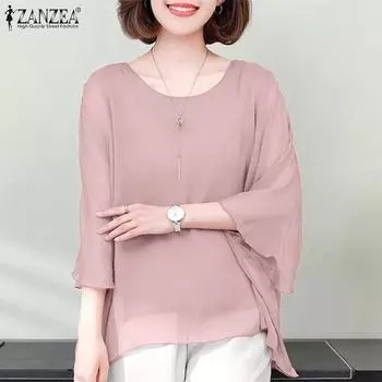 ZANZEA Женская повседневная однотонная блузка с круглым вырезом и рукавами 3/4