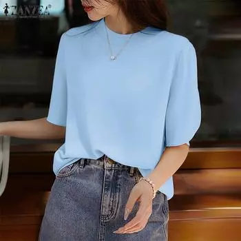 ZANZEA Женская повседневная однотонная блузка с круглым вырезом и половиной рукавов 4XL белый