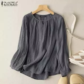 ZANZEA Женская повседневная однотонная блузка с круглым вырезом и длинными рукавами S серый
