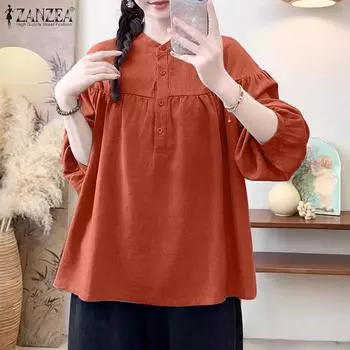 ZANZEA Женская повседневная однотонная блузка с круглым вырезом и длинным рукавом 2XL