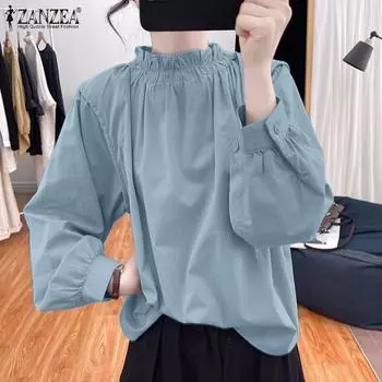 ZANZEA Женская повседневная однотонная блузка с круглым вырезом и длинным рукавом L белый