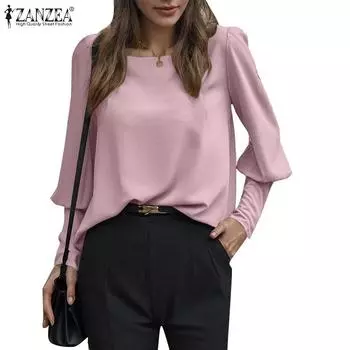 ZANZEA Женская повседневная однотонная блузка с круглым вырезом и длинными рукавами S розовый