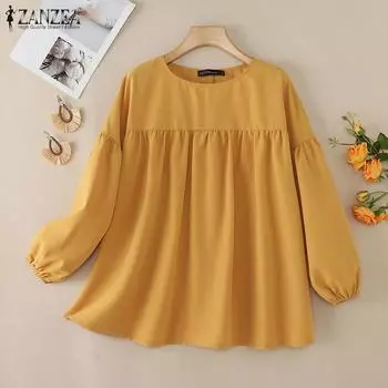 ZANZEA Женская повседневная однотонная блузка с круглым вырезом и длинным рукавом S жёлтый
