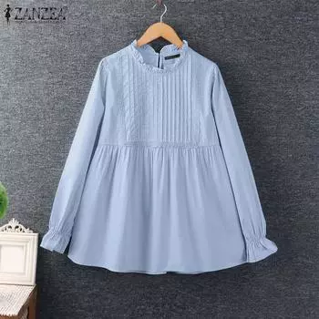 ZANZEA Женская повседневная однотонная блузка с круглым вырезом и длинным рукавом S чёрный