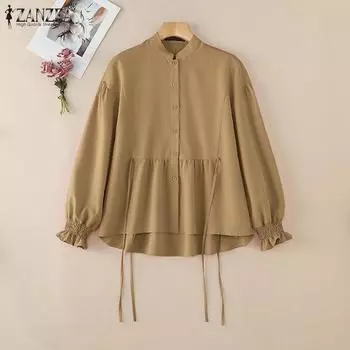 ZANZEA Женская повседневная однотонная блузка с круглым вырезом и длинным рукавом S белый