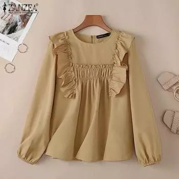 ZANZEA Женская повседневная однотонная блузка с круглым вырезом и длинным рукавом S вино красного