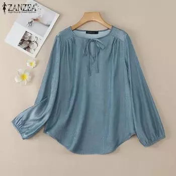 ZANZEA Женская повседневная однотонная блузка с круглым вырезом и длинным рукавом M светло-синий