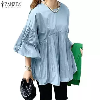 ZANZEA Женская повседневная однотонная блузка с круглым вырезом и длинным рукавом S хаки