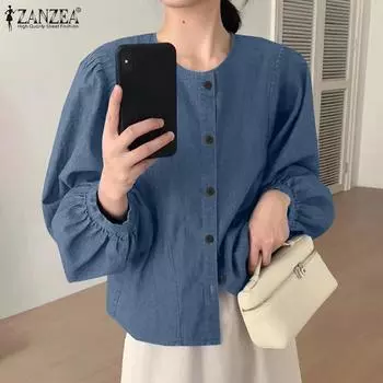 ZANZEA Женская повседневная однотонная блузка с круглым вырезом и длинными рукавами S чёрный