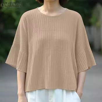 ZANZEA Женская повседневная однотонная блузка с круглым вырезом и рукавом 3/4 розовый