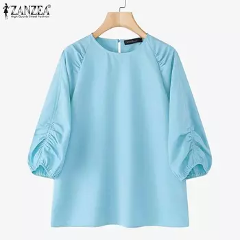 ZANZEA Женская повседневная однотонная блузка с круглым вырезом и рукавом 3/4 S хаки