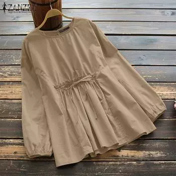 ZANZEA Женская повседневная однотонная блузка с круглым вырезом и длинными рукавами M жёлтый