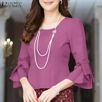 ZANZEA Женская повседневная однотонная блузка с круглым вырезом и рукавом 3/4 S камео розовый