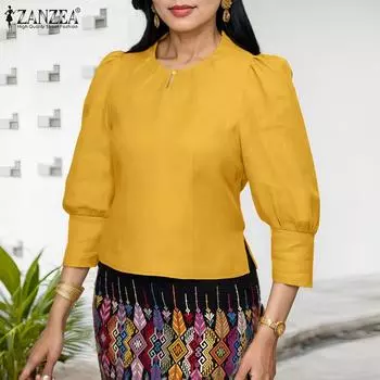 ZANZEA Женская повседневная однотонная блузка с круглым вырезом и рукавом 3/4 S жёлтый
