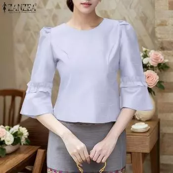 ZANZEA Женская повседневная однотонная блузка с круглым вырезом и рукавом 3/4 M бежевый