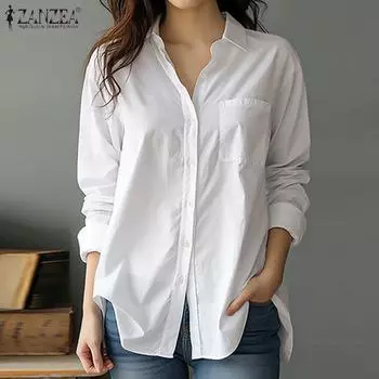 ZANZEA Женская повседневная однотонная блузка с отложным воротником и длинным рукавом