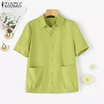 ZANZEA Женская повседневная однотонная блузка с отложным воротником и коротким рукавом XL