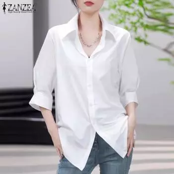 ZANZEA Женская повседневная однотонная блузка с отложным воротником и рукавами 3/4 4XL белый