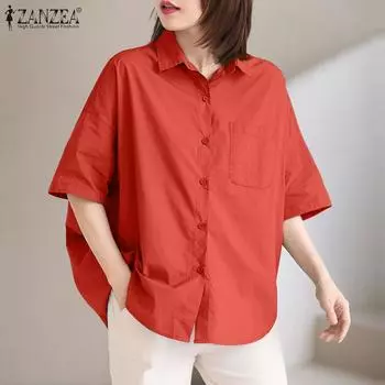 ZANZEA Женская повседневная однотонная блузка с отложным воротником и коротким рукавом S хаки