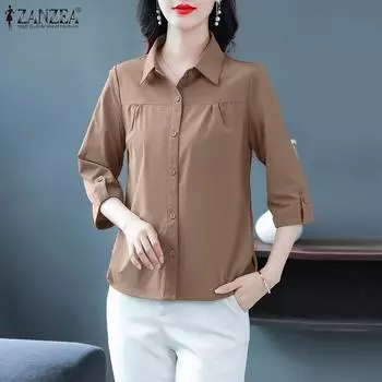 ZANZEA Женская повседневная однотонная блузка с отложным воротником и рукавами 3/4