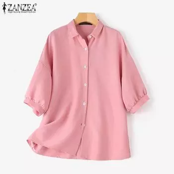 ZANZEA Женская повседневная однотонная блузка с отложным воротником и рукавами 3/4