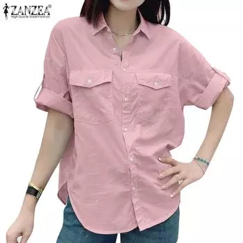 ZANZEA Женская повседневная однотонная блузка с отложным воротником и рукавами 3/4 4XL розовый