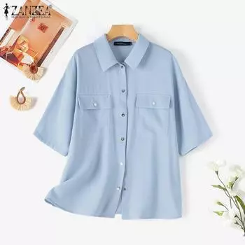 ZANZEA Женская повседневная однотонная блузка с отложным воротником и половиной рукавов S темно-синий