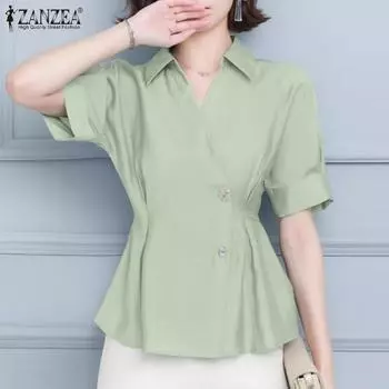 ZANZEA Женская повседневная однотонная блузка с отложным воротником и коротким рукавом M зелёный