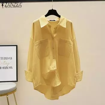 ZANZEA Женская повседневная однотонная блузка с отложным воротником и длинными рукавами