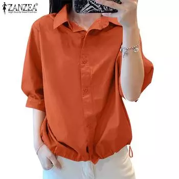 ZANZEA Женская повседневная однотонная блузка с отложным воротником и коротким рукавом 5XL зелёный