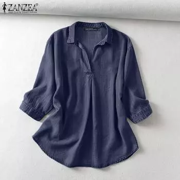 ZANZEA Женская повседневная однотонная блузка с отложным воротником и рукавами 3/4 S темно-синий