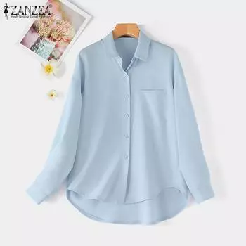 ZANZEA Женская повседневная однотонная блузка с отложным воротником и длинными рукавами S розовый