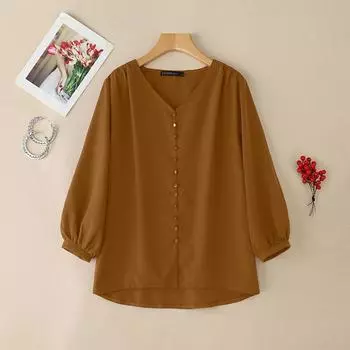 ZANZEA Женская повседневная однотонная блузка с V-образным вырезом и рукавом 3/4 L