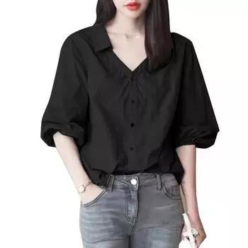 ZANZEA Женская повседневная однотонная блузка с V-образным вырезом и рукавом 3/4 L