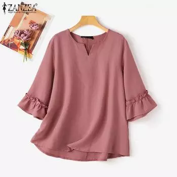 ZANZEA Женская повседневная однотонная блузка с v-образным вырезом и рукавами 3/4 S темно-синий