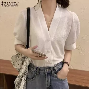 ZANZEA Женская повседневная однотонная блузка с v-образным вырезом и короткими рукавами 4XL зелёный