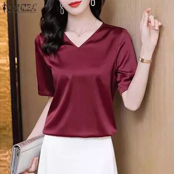 ZANZEA Женская повседневная однотонная блузка с v-образным вырезом и короткими рукавами