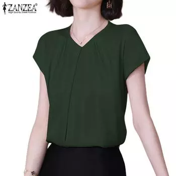 ZANZEA Женская повседневная однотонная блузка с v-образным вырезом и короткими рукавами