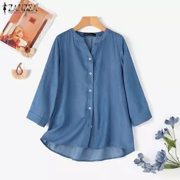 ZANZEA Женская повседневная однотонная блузка с V-образным вырезом и рукавом 3/4 M синий