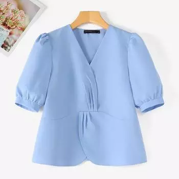 ZANZEA Женская повседневная однотонная блузка с v-образным вырезом и короткими рукавами