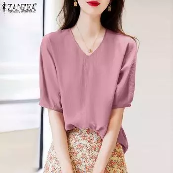 ZANZEA Женская повседневная однотонная блузка с v-образным вырезом и короткими рукавами
