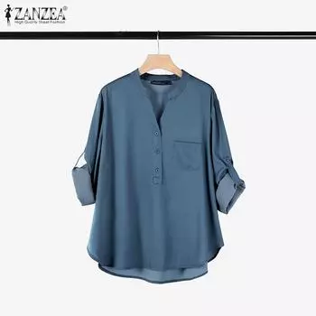 ZANZEA Женская повседневная однотонная блузка с V-образным вырезом и рукавом 3/4 S синий