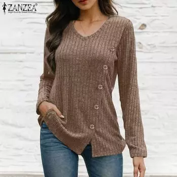 ZANZEA Женская повседневная однотонная блузка с v-образным вырезом и длинными рукавами S чёрный