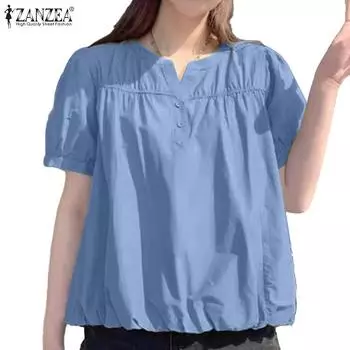 ZANZEA Женская повседневная однотонная блузка с v-образным вырезом и половиной рукавов S розовый