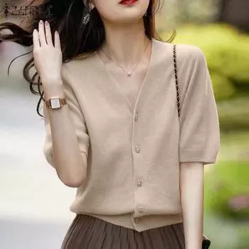 ZANZEA Женская повседневная однотонная блузка с V-образным вырезом и коротким рукавом 3XL чёрный