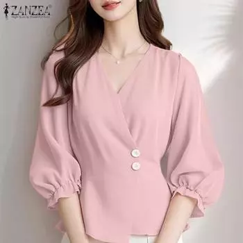 ZANZEA Женская повседневная однотонная блузка с v-образным вырезом и длинными рукавами S розовый