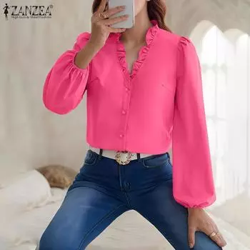 ZANZEA Женская повседневная однотонная блузка с v-образным вырезом и длинными рукавами S розовый