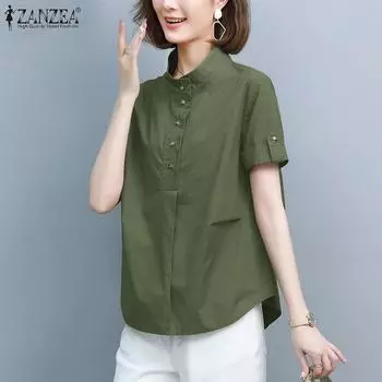ZANZEA Женская повседневная однотонная блузка с воротником-стойкой и коротким рукавом 5XL чёрный