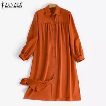 ZANZEA Женская повседневная однотонная длинная блузка с отложным воротником и длинными рукавами